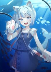 Rule 34 | 1girl, :d, animal ears, animal hands, aquarium tunnel, blue bag, blue eyes, blue hair, blue skirt, buttons, cat ears, cat paws, fins, fish, fish tail, gawr gura, gawr gura (casual), hair ornament, highres, hololive, hololive english, kimi (jxrm5387), looking at viewer, medium hair, multicolored hair, official alternate costume, open mouth, petite, ponytail, shark girl, shark tail, sharp teeth, shirt, short sleeves, skirt, skirt set, smile, solo, standing, streaked hair, suspenders, tail, teeth, virtual youtuber, white shirt