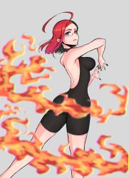 Rule 34 | 1girl, absurdres, ahoge, asutoia, black hair, black nails, breasts, exposed back, fire, glasses, grey background, highres, kahu ruan, multicolored hair, nail polish, original, purple eyes, red hair, sharp nails, short hair, smile, thighs, tight clothes