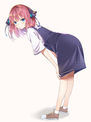 Rule 34 | 1girl, :t, absurdres, bare legs, bent over, black skirt, blue eyes, brown footwear, butterfly hair ornament, closed mouth, from side, full body, go-toubun no hanayome, hair ornament, hands on own knees, highres, kongbai, long hair, looking at viewer, looking to the side, nakano nino, pink hair, pout, shadow, shirt, shoes, short sleeves, sidelocks, simple background, skirt, socks, solo, standing, two side up, white background, white shirt, white socks