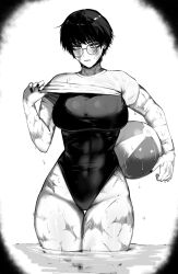 Rule 34 | 1girl, absurdres, blush, breasts, burn scar, greyscale, highres, jujutsu kaisen, large breasts, looking at viewer, masoq, monochrome, one-piece swimsuit, ringed eyes, round eyewear, scar, scar on arm, scar on face, scar on leg, scars all over, shirt, solo, swimsuit, thighs, too many, scars all over, vignetting, wet, zen&#039;in maki