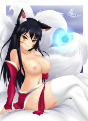 Rule 34 | 1girl, ahri (league of legends), animal ears, black hair, blush, breasts, character name, detached sleeves, energy ball, facial mark, fox ears, fox tail, heart, heart tail, large breasts, league of legends, long hair, mleonheart, multiple tails, nipples, skirt, smile, solo, tail, thighhighs, topless, whisker markings, white thighhighs, yellow eyes