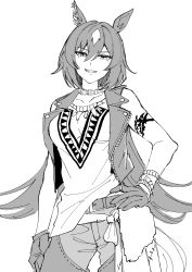 Rule 34 | 1girl, absurdres, alternate costume, animal ears, arm at side, arm tattoo, belt, breasts, collarbone, gloves, greyscale, grin, hand on own hip, highres, horse ears, jacket, jewelry, long hair, looking at viewer, monochrome, nayuta ggg, necklace, open clothes, open jacket, pants, shirt, sirius symboli (umamusume), sketch, sleeveless, sleeveless jacket, small breasts, smile, solo, tattoo, tooth necklace, umamusume, upper body