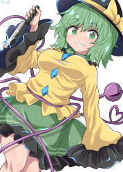 Rule 34 | blouse, bow, buttons, chups, collared shirt, diamond button, eyeball, frilled shirt collar, frilled sleeves, frills, green eyes, green hair, green skirt, hat, hat bow, hat ribbon, heart, heart of string, highres, holding, holding weapon, knife, komeiji koishi, light green hair, long sleeves, ribbon, shirt, skirt, solo, third eye, touhou, weapon, wide sleeves, yellow shirt, yellow shirt