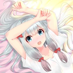 Rule 34 | 10s, 1girl, arms up, baozha gangbi, bed sheet, blue eyes, bow, breasts, collarbone, eromanga sensei, from above, hair bow, highres, izumi sagiri, long hair, lying, on back, open mouth, red bow, shirt, silver hair, small breasts, solo, t-shirt, tearing up, white shirt