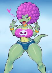 Rule 34 | 1girl, absurdres, afro, artist name, bracelet, breasts, donkey kong (series), donkey kong barrel blast, double v, earrings, fingernails, furry, gluteal fold, highres, hug, jewelry, kalypso, mehdrawings, midriff, nail polish, necklace, nintendo, nipples, open mouth, purple hair, red eyes, reptile girl, sharp fingernails, sharp teeth, shiny skin, short shorts, shorts, smile, tail, teeth, thick thighs, thighs, v, wide hips