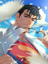 Rule 34 | 1boy, animal, bara, bird, black hair, blue eyes, blue sky, bodysuit, clark kent, closed mouth, day, dc comics, dove, unworn eyewear, falling feathers, feathers, hel0205, highres, holding, holding removed eyewear, lab coat, looking at viewer, male focus, open clothes, outdoors, short hair, sideburns, sky, smile, solo, superhero costume, superman (series), upper body, weibo username