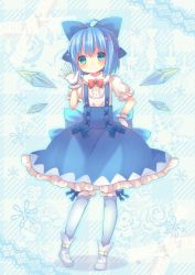Rule 34 | 1girl, adapted costume, bloomers, blue dress, blue eyes, blue hair, bow, cirno, coa (chroo x), dress, gloves, grin, hair bow, ice, ice wings, matching hair/eyes, puffy short sleeves, puffy sleeves, shirt, short sleeves, smile, solo, touhou, underwear, waving, white gloves, wings