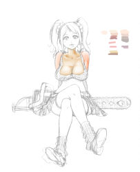 Rule 34 | 1girl, blonde hair, breasts, candy, chainsaw, female focus, food, full body, grasshopper manufacture, highres, juliet starling, large breasts, lollipop, lollipop chainsaw, partially colored, plaid, plaid skirt, poll, sketch, skirt, solo, third-party edit, unfinished, white background