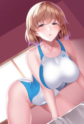 Rule 34 | 1girl, all fours, ass, bare arms, bed, blue one-piece swimsuit, blush, breasts, brown hair, collarbone, competition swimsuit, covered navel, furrowed brow, half-closed eyes, highleg, highleg swimsuit, huyumitsu, large breasts, lips, looking at viewer, multicolored clothes, multicolored swimsuit, one-piece swimsuit, original, parted lips, short hair, skindentation, solo, swimsuit, two-tone swimsuit, white one-piece swimsuit, window, yellow eyes