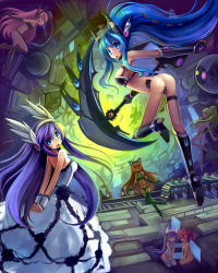 Rule 34 | 6+girls, :d, :o, animal ears, arms behind back, ass, blue eyes, blue hair, breasts, cat ears, dress, elbow gloves, gloves, green legwear, hair ornament, highres, holding, hoshi no gen, kneeling, long hair, looking at viewer, multiple girls, nude, open mouth, original, pink eyes, purple eyes, purple hair, red eyes, red hair, sitting, smile, thighhighs, very long hair, weapon, white legwear