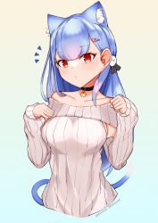 Rule 34 | 1girl, absurdres, animal ear fluff, animal ears, bell, black choker, blue background, blue hair, blue tail, blush, breasts, brown background, cat ears, cat girl, cat tail, choker, choumi wuti (xueye fanmang zhong), closed mouth, collarbone, commentary, cropped torso, gradient background, hair ornament, hairclip, hands up, heart, heart hair ornament, highres, jingle bell, long hair, long sleeves, looking at viewer, medium breasts, neck bell, plivyou, red eyes, ribbed sweater, shikai yue, sleeves past wrists, solo, sweater, tail, twitter username, upper body, very long hair, virtual youtuber, white sweater
