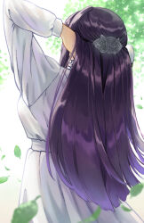 Rule 34 | 1girl, adjusting hair, arms up, blunt ends, commentary request, dress, fern (sousou no frieren), from behind, fuku dan, hair ornament, leaf, long hair, long sleeves, puffy sleeves, purple hair, sidelocks, simple background, solo, sousou no frieren, tree, upper body, white background, white dress