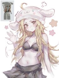 Rule 34 | 1girl, artist name, avatar (roblox), beanie, black skirt, blonde hair, blue eyes, breasts, cinnamoroll, cleavage, collarbone, commentary, english commentary, glint, hat, head tilt, heart, highres, long hair, looking at viewer, medium breasts, midriff, open hand, pale skin, pout, roblox, skirt, solo, star (symbol), sweatdrop, ttzewo, v-shaped eyebrows, very long hair, white hat