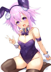 Rule 34 | 1girl, absurdres, animal ears, arm strap, bimmy, black thighhighs, blush, bow, bowtie, braid, breasts, cleavage, d-pad, d-pad hair ornament, fake animal ears, hair between eyes, hair ornament, highres, leotard, long hair, looking at viewer, medium breasts, neptune (neptunia), neptune (series), no shoes, open mouth, pink eyes, pink hair, playboy bunny, purple bow, purple bowtie, rabbit ears, sidelocks, sitting, skindentation, smile, solo, thighhighs, twin braids, wrist cuffs