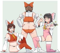 Rule 34 | 3girls, adapted costume, ass, backboob, bad id, bad twitter id, benikurage (cookie), black hair, black panties, bow, breasts, brown eyes, brown hair, butt crack, commentary, cookie (touhou), crop top, detached sleeves, frilled bow, frilled hair tubes, frilled legwear, frills, full body, hair bow, hair tubes, hakurei reimu, half updo, hands on own hips, holding, holding wand, large breasts, leotard, looking at viewer, magical girl, medium breasts, multiple girls, necktie, ohasi, one eye closed, on one knee, open mouth, panties, parted bangs, pink bow, pink legwear, pink leotard, plump, red bow, red legwear, red panties, red shirt, reu (cookie), ribbon-trimmed sleeves, ribbon trim, sananana (cookie), shirt, short hair, short hair with long locks, sidelocks, sitting, sleeveless, sleeveless shirt, smile, standing, star (symbol), thighhighs, touhou, underwear, wand, white sleeves, yellow eyes, yellow necktie