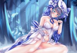 Rule 34 | 1girl, aqua eyes, aqua hair, azur lane, bare shoulders, blurry, blurry background, breasts, cheshire (azur lane), cheshire (the cat and the white steed) (azur lane), cleavage, dress, evening gown, feet out of frame, hat, highres, kaidou nora-, large breasts, looking at viewer, navel, official alternate costume, panties, purple hair, solo, sun hat, thighs, underwear, white hat, white panties