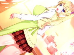 Rule 34 | 1girl, apron, blonde hair, blue eyes, blush, breasts, eyebrows, happy, highres, huge breasts, indoors, kitchen, legs, long hair, long sleeves, looking back, nabesekizaiten, open mouth, original, plaid, plaid skirt, school uniform, sideboob, skirt, smile, solo, standing, sweater, sweater vest, thighs, twintails