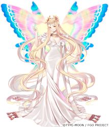 Rule 34 | 1girl, absurdly long hair, aurora (fate), bare shoulders, blonde hair, blush, breasts, butterfly wings, circlet, cleavage, dress, fairy, fairy wings, fate/grand order, fate (series), full body, insect wings, jewelry, large breasts, long hair, looking at viewer, necklace, official art, parted bangs, pointy ears, smile, solo, taa (acid), transparent background, very long hair, white dress, wings, yellow eyes