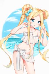 Rule 34 | 1girl, abigail williams (fate), abigail williams (swimsuit foreigner) (fate), abigail williams (swimsuit foreigner) (third ascension) (fate), absurdres, bare arms, bare shoulders, bikini, blonde hair, blue bow, blue eyes, blush, bow, closed mouth, collarbone, commentary request, day, double bun, double v, fate/grand order, fate (series), forehead, hair bow, hair bun, hands up, highres, long hair, looking at viewer, navel, orange bow, parted bangs, smile, solo, swimsuit, twintails, v, very long hair, white bikini, yukaa