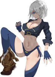 Rule 34 | 1girl, angel (kof), blue eyes, boots, breasts, chaps, cleavage, closed mouth, collarbone, covered erect nipples, cowboy shot, cropped jacket, fingerless gloves, gloves, gluteal fold, grey hair, hair over one eye, highres, large breasts, long sleeves, looking at viewer, medium hair, midriff, navel, panties, rebel-angel, simple background, smile, solo, standing, standing on one leg, the king of fighters, underwear, white background