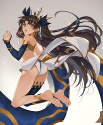 Rule 34 | 1girl, anklet, ass, back, barefoot, bikini, blue thighhighs, brown hair, commentary request, crown, detached sleeves, earrings, fate/grand order, fate (series), feet, gradient background, grey background, hair ribbon, heavenly boat maanna, highres, hoop earrings, ishtar (fate), jewelry, kabocha (monkey4), legs, long hair, looking back, open mouth, parted bangs, pelvic curtain, red eyes, ribbon, simple background, single detached sleeve, single thighhigh, soles, solo, sparkle, swimsuit, thighhighs, thighs, toes, tohsaka rin, two side up, white bikini