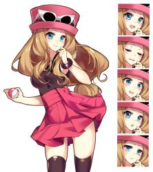 Rule 34 | 1girl, bad id, bad pixiv id, black thighhighs, blue eyes, blush, bracelet, brown hair, closed eyes, cowboy shot, creatures (company), dress, game freak, glasses on hat, highres, holding, holding poke ball, homarerererere, jewelry, long hair, looking at viewer, multiple views, nintendo, pink dress, poke ball, poke ball (basic), pokemon, pokemon xy, serena (pokemon), smile, standing, sunglasses, sweatdrop, thighhighs, very long hair