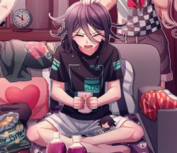 Rule 34 | 1boy, 1girl, barefoot, black hair, black shirt, character doll, cheer (cheerpuppy14), chips (food), clock, closed eyes, commentary, couch, danganronpa (series), danganronpa v3: killing harmony, english commentary, food, grey shorts, hair between eyes, holding, indoors, iruma miu, lower teeth only, male focus, oma kokichi, open mouth, pillow, shirt, shorts, sitting, soda, solo focus, striped underwear, teeth, underwear