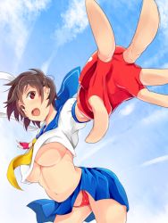 Rule 34 | 1girl, alternate eye color, arched back, blue sailor collar, blue sky, breasts, brown hair, capcom, clothes lift, cloud, cloudy sky, day, fingerless gloves, foreshortening, gloves, headband, kasugano sakura, large breasts, looking at viewer, midriff, miniskirt, nasipasuta, navel, neckerchief, necktie, no bra, open mouth, outstretched arms, panties, puffy short sleeves, puffy sleeves, red eyes, red panties, sailor collar, school uniform, serafuku, shirt lift, short hair, short sleeves, skirt, skirt lift, sky, smile, solo, standing, street fighter, thong, tongue, underboob, underwear
