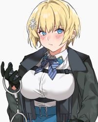 Rule 34 | 1girl, aogisa, bad id, bad twitter id, black gloves, black jacket, blonde hair, blue eyes, blue neckwear, blue skirt, blush, breasts, closed mouth, cuffs, girls&#039; frontline, gloves, hair ornament, handcuffs, highres, holding, jacket, large breasts, long sleeves, mole, mole under eye, short hair, simple background, skirt, snowflake hair ornament, solo, upper body, vsk-94 (girls&#039; frontline), white background