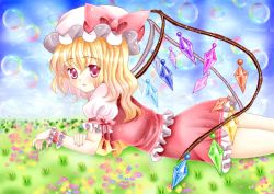 Rule 34 | 1girl, amiguri, amiguri1108, arm support, ascot, blonde hair, blue sky, bubble, cloud, day, flandre scarlet, flower, grass, hat, hat ribbon, highres, holding another&#039;s arm, holding own arm, light particles, looking at viewer, lying, mob cap, on stomach, open mouth, outdoors, puffy short sleeves, puffy sleeves, red eyes, ribbon, short hair, short sleeves, skirt, skirt set, sky, solo, sparkle, touhou, wings, wrist cuffs