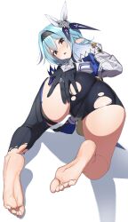 Rule 34 | 1girl, absurdres, ass, bent over, black gloves, black hairband, black leotard, black thighhighs, blue cape, blue hair, blush, brown eyes, cape, eula (genshin impact), feet, genshin impact, gloves, hair ornament, hairband, highres, leotard, long sleeves, looking at viewer, looking back, medium hair, open mouth, shinomu (cinomoon), shirt, sidelocks, soles, thighhighs, toes, torn clothes, white shirt