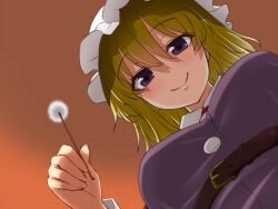 Rule 34 | 1girl, belt, blonde hair, blush, breasts, brown belt, collared dress, commentary request, dress, from below, gradient background, hair between eyes, hat, highres, holding, lap pov, looking at viewer, maribel hearn, medium breasts, mimikaki, mob cap, orange background, purple dress, purple eyes, short hair, smile, solo, tori (minamopa), touhou, upper body, white hat