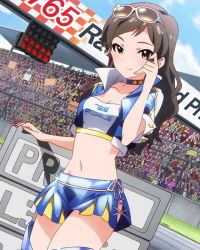 Rule 34 | 10s, 1girl, artist request, brown hair, goggles, goggles on head, idolmaster, idolmaster million live!, kitazawa shiho, long hair, midriff, official art, race queen, yellow eyes