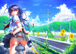 Rule 34 | 1girl, ass, bag, bicycle, blush, botan mochito, breasts, building, clothes lift, cloud, day, female focus, floating hair, flower, grey skirt, large breasts, lifted by self, long hair, looking at viewer, neckerchief, open mouth, original, outdoors, pleated skirt, power lines, purple eyes, purple hair, red neckerchief, riding, school uniform, shirt, sidelocks, skirt, skirt lift, sky, solo, sunflower, sweat, transmission tower, white shirt