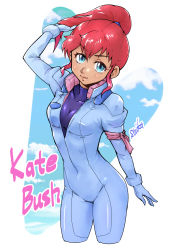 Rule 34 | 1girl, blue eyes, breasts, character name, clothing cutout, gundam, hand in own hair, hand up, heart cutout, highres, kate bush, medium breasts, pilot suit, ponytail, red hair, saika (pixiv43370196), signature, skin tight, sky, unzipped, victory gundam