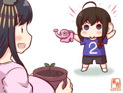 Rule 34 | 2girls, black hair, blue eyes, braid, casual, flower pot, hair ornament, kanon (kurogane knights), kantai collection, long hair, multiple girls, one-hour drawing challenge, plant, red eyes, shigure (kancolle), shorts, watering can, yamashiro (kancolle), aged down