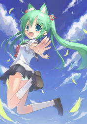 Rule 34 | 1girl, :d, animal ears, aqua eyes, bad id, bad pixiv id, blue eyes, blush stickers, cloud, day, foreshortening, green hair, jumping, long hair, looking at viewer, midair, open mouth, original, outstretched arms, panties, pantyshot, petals, saeki nao, school uniform, serafuku, sky, smile, solo, spread arms, twintails, underwear