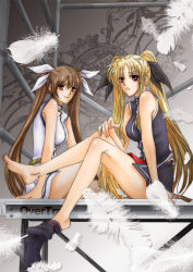 Rule 34 | 00s, 2girls, bare legs, bare shoulders, barefoot, belt, blonde hair, brown hair, buckle, duplicate, fate testarossa, feathers, hair ribbon, lina (interlude), long hair, looking at viewer, lyrical nanoha, mahou shoujo lyrical nanoha, multiple girls, red eyes, ribbon, sitting, takamachi nanoha, twintails, very long hair