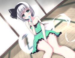 Rule 34 | 1girl, bare shoulders, between legs, black hairband, black ribbon, blush, breasts, dress, dutch angle, eating, eyebrows, food, frilled skirt, frills, ghost, green dress, green eyes, grey hair, hair ribbon, hairband, hand between legs, hand up, hitodama, holding, indoors, konpaku youmu, konpaku youmu (ghost), legs together, looking at viewer, mattress, mouth hold, no bra, popsicle, ribbon, shamuichi, short hair, sitting, skirt, sleeveless, sleeveless dress, sliding doors, small breasts, solo, strap slip, sweatdrop, touhou, wide hips