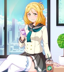 Rule 34 | 1girl, absurdres, arm support, blue sky, blush, braid, buttons, cellphone, cloud, crossed legs, crown braid, double-breasted, drinking straw, hair rings, highres, looking at viewer, love live!, love live! school idol project, love live! sunshine!!, medium hair, nail polish, ohara mari, phone, plant, potted plant, sailor collar, school uniform, sky, skyline, smartphone, smile, solo, thighhighs, tsumikiy, white thighhighs, window, yellow eyes