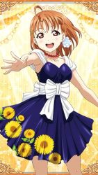 Rule 34 | 1girl, artist name, artist request, bare legs, bare shoulders, blue dress, blue skirt, blush, bow, breasts, collarbone, dress, earrings, female focus, flower, flower print, frilled sleeves, frills, hair flower, hair ornament, hairclip, high heels, jewelry, looking at viewer, love live!, love live! school idol festival, love live! sunshine!!, orange hair, parted lips, red eyes, short hair, skirt, small breasts, smile, solo, takami chika, white bow, white flower, x hair ornament