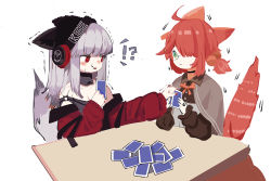 Rule 34 | !?, 2girls, ahoge, animal ears, arknights, bare shoulders, blush, capelet, card, commentary request, fox ears, fox tail, frostleaf (arknights), glasses, green eyes, grey capelet, grey choker, grey shirt, headphones, highres, holding, holding card, jacket, long hair, long sleeves, looking at another, multiple girls, myrrh (arknights), nail polish, off-shoulder shirt, off shoulder, parted lips, partial commentary, red eyes, red hair, red jacket, red nails, ryu (17569823), shirt, silver hair, simple background, tail, white background