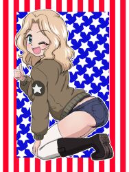 Rule 34 | 1girl, ;d, american flag, black footwear, blonde hair, blue eyes, blue shorts, boots, brown jacket, commentary, denim, denim shorts, emblem, flag background, from side, girls und panzer, hair intakes, hand on own knee, jacket, kay (girls und panzer), kneeling, leaning forward, long sleeves, looking at viewer, medium hair, micro shorts, midriff peek, military, military uniform, one eye closed, open clothes, open jacket, open mouth, outline, saunders military uniform, shorts, smile, solo, star (symbol), takahashi kurage, textless version, thighhighs, thumbs up, uniform, white outline, white thighhighs