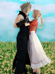 Rule 34 | 1boy, 1girl, 3d, absurdres, aerith gainsborough, black gloves, black pants, black shirt, blonde hair, boots, bracelet, braid, brown hair, closed eyes, cloud, cloud strife, cloudy sky, couple, cropped jacket, dress, falling petals, field, final fantasy, final fantasy vii, final fantasy vii advent children, final fantasy vii remake, flower, flower field, full body, gloves, hair ribbon, hand on another&#039;s arm, hand on another&#039;s cheek, hand on another&#039;s waist, highres, jacket, jewelry, kiiseru, lily (flower), long dress, long hair, looking at another, pants, parted bangs, petals, pink dress, pink ribbon, red jacket, ribbon, shirt, short hair, sidelocks, sky, sleeveless, sleeveless shirt, smile, spiked hair, square enix, wavy hair, yellow flower, yellow petals
