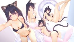 Rule 34 | !?, 1girl, animal ear fluff, animal ears, arched back, armpits, ass, bare arms, bare legs, bare shoulders, barefoot, bikini, black bikini, blush, breasts, cat ears, cat girl, cat tail, cleavage, embarrassed, frown, futoshi ame, gradient hair, halterneck, highres, legs up, long hair, looking at viewer, looking back, lying, medium breasts, multi-strapped bikini, multicolored hair, multiple views, navel, on back, on stomach, original, outstretched arm, parted lips, purple eyes, purple hair, reclining, selfie, smile, stomach, strap gap, strap pull, string bikini, swimsuit, tail, thighs, untied bikini