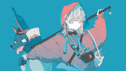 Rule 34 | 1girl, :3, absurdres, axe, bag, baggy clothes, blue background, blunt bangs, bottle, closed mouth, commentary request, cosplay, earrings, grey hair, gun, gun sling, handbag, highres, holding, holding axe, hood, hood up, hooded jacket, hoodie, jacket, jewelry, little red riding hood, little red riding hood (grimm), little red riding hood (grimm) (cosplay), long sleeves, looking at viewer, medium hair, no pupils, nocopyrightgirl, original, pale skin, red hood, red hoodie, rifle, sheath, shoulder bag, signature, sleeve cuffs, sniper rifle, solo, upper body, weapon, wine bottle, wolf, yellow eyes