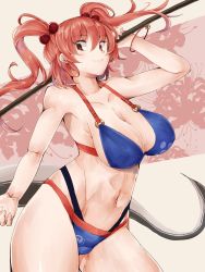 Rule 34 | 1girl, bikini, blue bikini, bracelet, breasts, cleavage, coin, coin on string, commission, floral print, flower, hair bobbles, hair ornament, highres, holding, holding scythe, holed coin, jewelry, jyaoh0731, looking at viewer, medium breasts, midriff, navel, onozuka komachi, pixiv commission, red bikini, red eyes, red hair, scythe, short hair, smile, spider lily, spider lily print, swimsuit, touhou, two side up