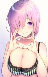 Rule 34 | 1girl, alternate costume, bare arms, bare shoulders, blush, bra, breasts, cleavage, collarbone, fate/grand order, fate (series), gradient background, green bra, hair over one eye, heart, heart hands, highres, lace, lace-trimmed bra, lace trim, large breasts, looking at viewer, mash kyrielight, parted lips, pink hair, purple background, purple eyes, short hair, smile, solo, striped bra, striped clothes, underwear, underwear only, upper body, uro (urotanc), vertical-striped bra, vertical-striped clothes