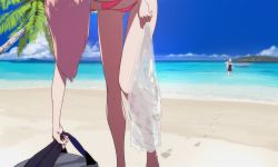 2girls beach bent_over bikini day footprints holding holding_towel island multiple_girls navel ocean original outdoors palm_tree pink_hair red_bikini sand sohin swimsuit towel tree wading water wet_towel