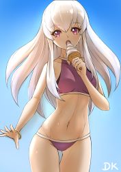 Rule 34 | 1girl, blue background, bracelet, breasts, deekei, eating, fire emblem, fire emblem: three houses, food, gradient background, highres, ice cream, jewelry, long hair, lysithea von ordelia, nintendo, open mouth, pink eyes, simple background, small breasts, solo, swimsuit, white hair